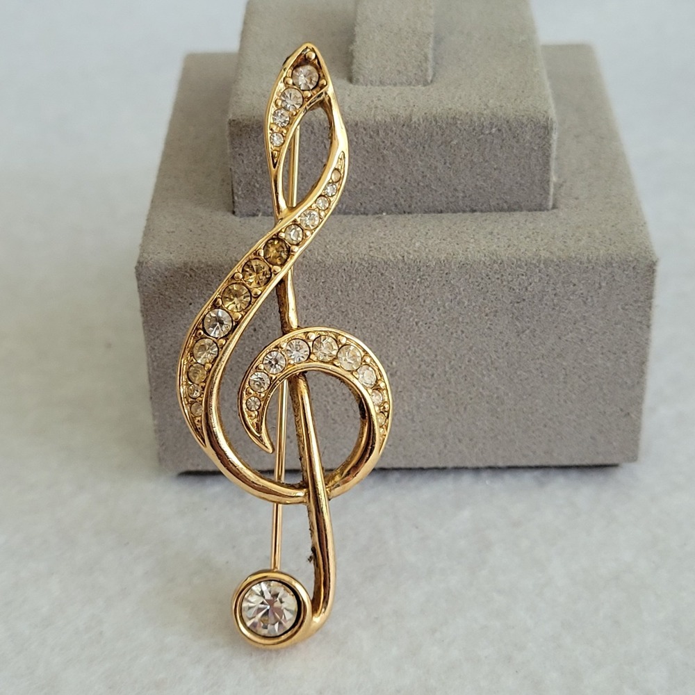 Swarovski Vintage Treble Clef Brooch Clear Crystal Gold Tone Music Pin